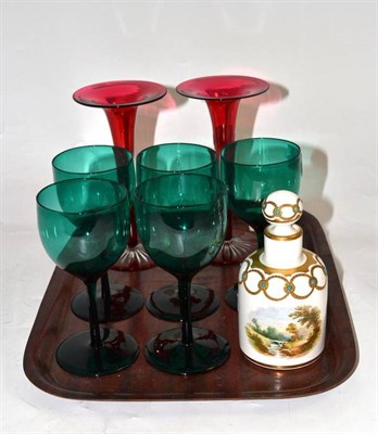 Lot 237 - Pair of late Victorian cranberry glass vases, set of five green wine glasses and a jewelled...