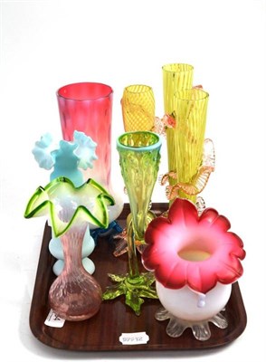 Lot 254 - Four coloured glass spill vases, two satin glass vases, etc