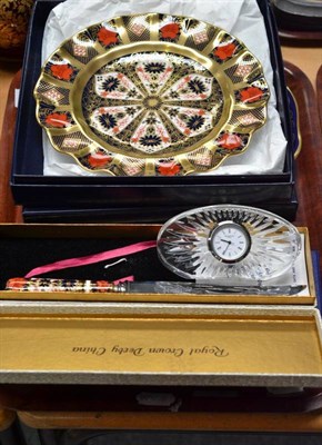 Lot 255 - Two Royal Crown Derby plates with frilled edges, Spode commemorative plate, Waterford crystal small