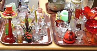 Lot 256 - Two trays of assorted decorative coloured glassware, jugs, stands etc