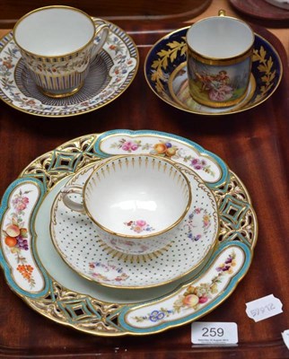 Lot 259 - A Sevres cabinet cup and saucer, another with striped decoration, a Mintons polkadot cup and saucer