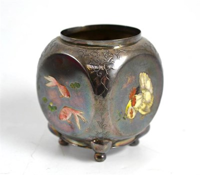 Lot 274 - A Chinese metal small bowl decorated with cockerels and fish in coloured enamels