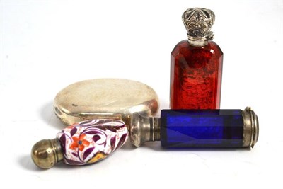 Lot 287 - Oval silver hinged snuff box, cranberry glass scent bottle, blue glass scent bottle and another...