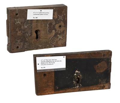 Lot 120 - A Metal Plate Lock, mounted in an oak case,...