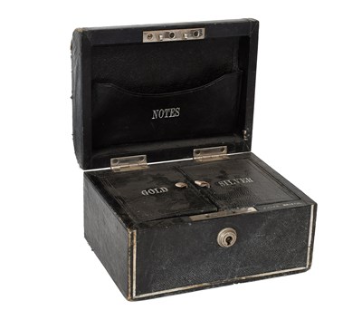 Lot 93 - A Small Black and Leather Cash Box by Miller,...