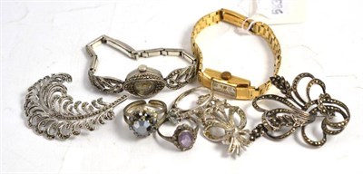 Lot 294 - A 9ct gold lady's wristwatch ";BAUME";, marcasite brooches, a marcasite watch, and dress rings