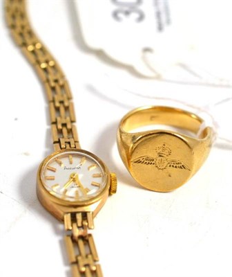 Lot 300 - A signet ring, stamped ";9CT"; and a lady's 9ct gold Accurist wristwatch