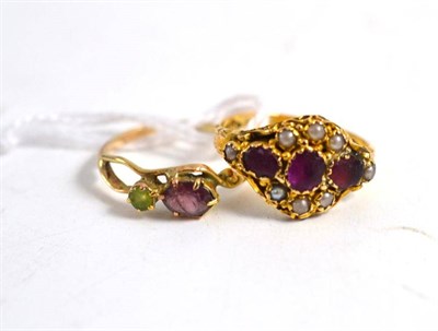 Lot 304 - A 15ct gold ruby and seed pearl cluster ring and a two stone ring