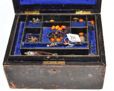 Lot 311 - A jewellery box and contents including an 18ct gold signet ring, two other rings, loose amber...