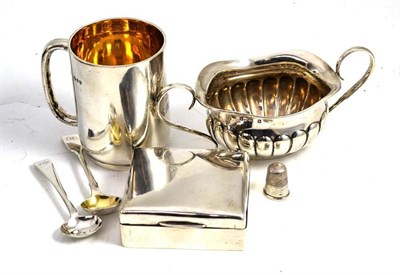 Lot 313 - Silver tankard, sugar, cigarette box, salts and thimble