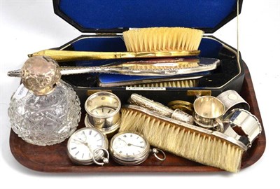 Lot 314 - Two silver pocket watches, miniature silver cup, three silver napkin rings, etc