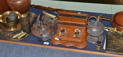 Lot 326 - An Edwardian oak desk standish and a quantity of brass and copper