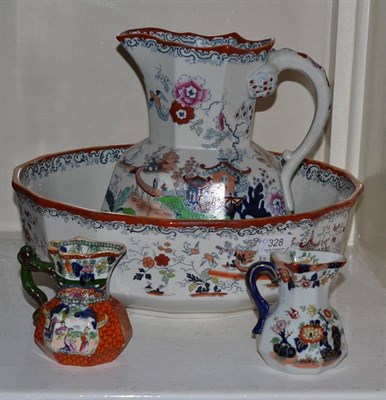 Lot 328 - A Masons ironstone wash jug and basin and two small jugs