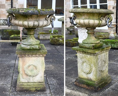 Lot 267 - A Pair of Composition Campana Form Garden Urns,...