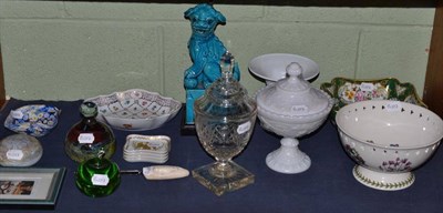 Lot 336 - Le Tallec porcelain green bowl, dish and four gilt pin trays, turquoise lion lamp, Portmeirion...