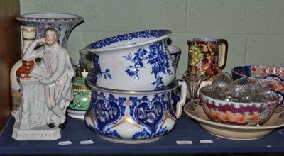 Lot 339 - A shelf including pottery pedestal vase, Imari bowl, two chamber pots, pottery figure of...