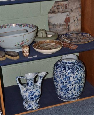 Lot 340 - A shelf of assorted Oriental and European pottery (mainly a.f.), soapstone carving, and two Chinese