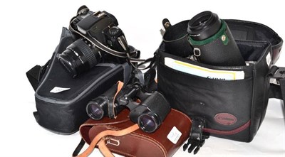 Lot 348 - A pair of Zeiss binoculars, Canon camera, lens and camera equipment