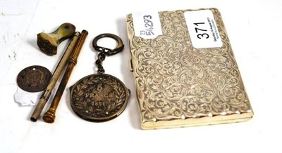 Lot 371 - 1898 silver cigarette case, swizzle stick, French silver coin penknife and coin, gilt metal...