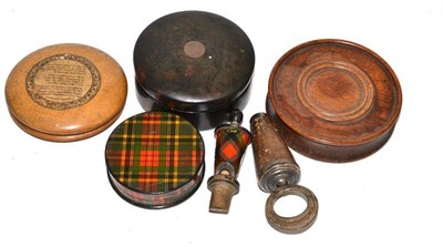 Lot 372 - 19th century tortoiseshell box, two wooden boxes, Tartanware box and whistle and a whisky stopper