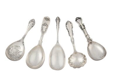 Lot 22 - Five Victorian Silver Caddy-Spoons, comprising...