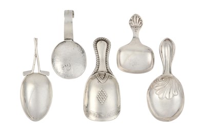 Lot 39 - Five Edward VII and Later Silver Caddy-Spoons,...