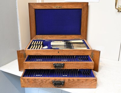 Lot 222 - An Oak Cased Two Drawer Canteen of Silver...