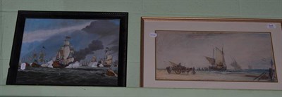 Lot 445 - J Veerman, 20th century, fleet of war ships at battle, oil on board, signed lower left; J...