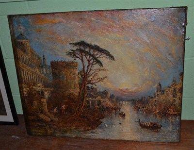 Lot 458 - Continental School, early 20th century, view of a river in Roman times, thickly worked impasto, oil