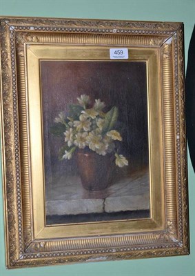 Lot 459 - H.R Brett, still life of primulas in a terracotta pot on a ledge