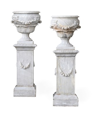 Lot 352 - A Pair of Italian White Marble Urns on Stands,...