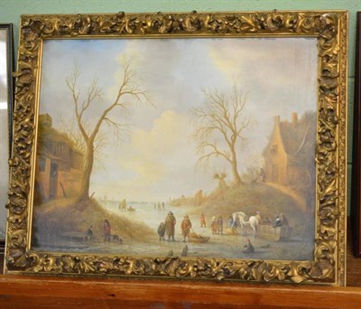 Lot 476 - Ronald Cavalla (b1940) Dutch river landscape with figures and buildings, oil on panel, 49cm by 64cm