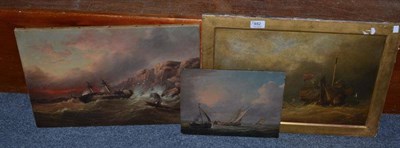 Lot 482 - Framed oil on board Fishing Boats on Choppy Seas, another similar oil on canvas a Sailing Boat...