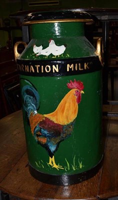 Lot 508 - A 'Carnation Milk' Dumfries butter churn, 66cm high, hand painted with chickens