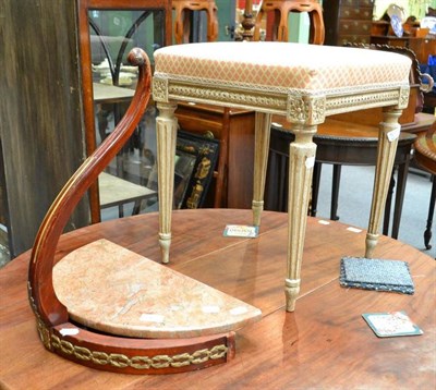 Lot 515 - Small console table with marble top, a grey painted stool in Louis XVI style and a Shirvan rug (3)