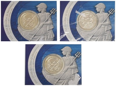 Lot 281 - Three UK 1oz Fine Silver Britannias, all dated...