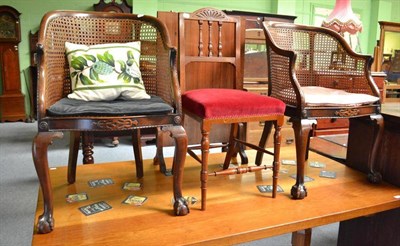 Lot 570 - A pair of beech framed cane armchairs, a bedroom chair and a firescreen