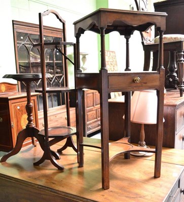 Lot 581 - Mahogany two tier wash stand, cake stand, lamp and tripod table