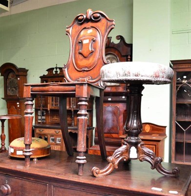 Lot 582 - A mahogany hall chair, piano stool and footstool