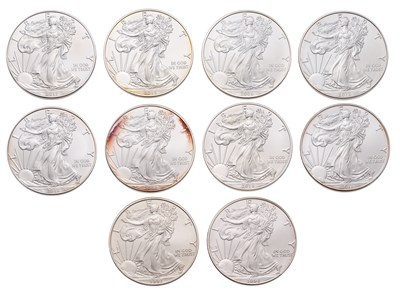 Lot 323 - USA, 10x 1oz Fine Silver Eagles, one dollar...