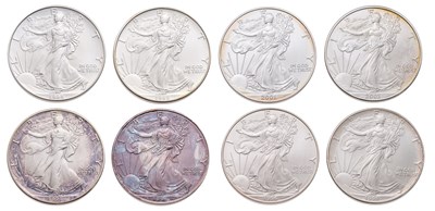 Lot 316 - USA, 8x 1oz Fine Silver Eagles, one dollar...