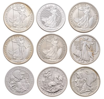 Lot 282 - Assorted UK 1oz Fine Silver Britannias, 9 in...