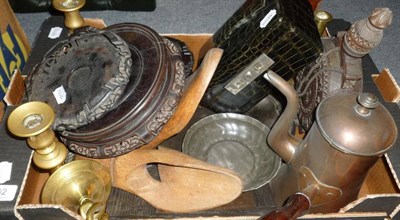 Lot 702 - Copper chocolate pot, hardwood stands, pair of shoe trees, plated stand (a.f.),  brass...