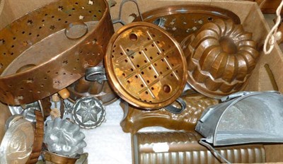 Lot 707 - Jelly moulds, kitchenalia, irons, ceramic vase, a spinning wheel, a small carved hinged box etc