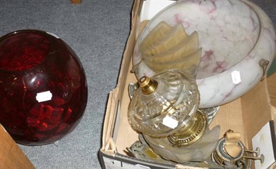 Lot 722 - Cranberry glass shade, mottled opaque glass shade and glass four panel shade (box)