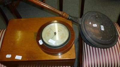 Lot 730 - Oak hinged canteen box (missing fittings), mahogany inlaid circular wall barometer and bed...