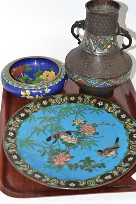 Lot 5 - Japanese cloisonné plaque, Japanese bronze vase and a 20th century cloisonné bowl