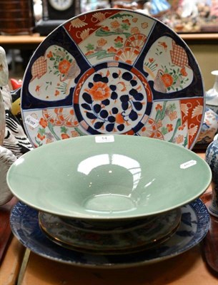 Lot 14 - Green celadon type bowl, blue and white charger, Imari plaque, two Canton plates etc (6)