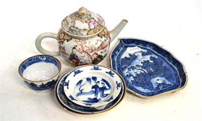 Lot 17 - Chinese famille rose teapot and cover, a leaf shaped dish, tea bowl and saucer and two small saucer