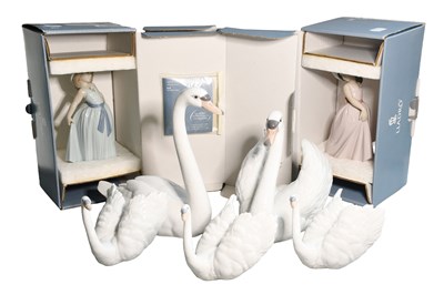 Lot 22 - Five Lladro Swan Models and Two Lladro Figures...